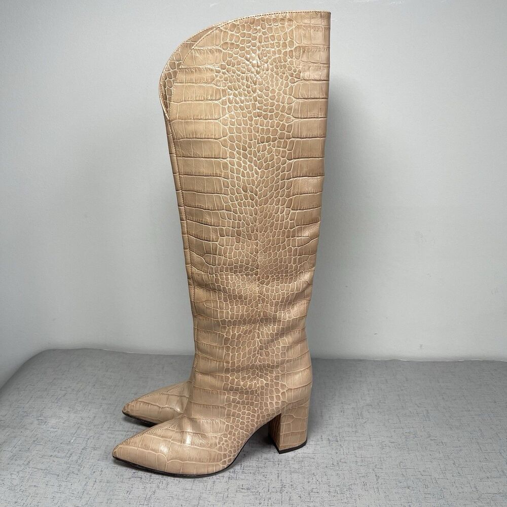 Paris Texas Beige V-Cut Croc Embossed Knee Boots Block Heel‎ 38 - US 7